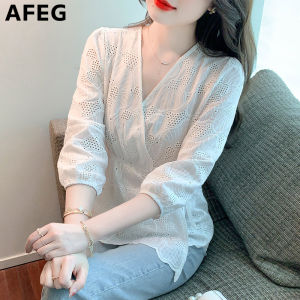 AFEG new Korean version V-neck fashion casual slim fit all-match embroidered cotton three-quarter sleeve blouse for women