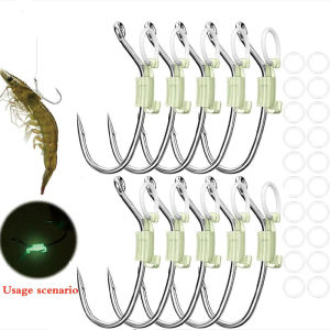 夜光虾背钩 Luminous Shrimp Fishing Hooks 10Pcs Barbed Sharp Stainless Steel Live Bait Sea Night Glow Tackle Accessories