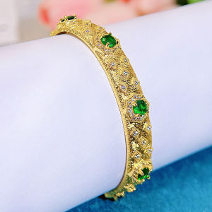 SEQUITO Royal Women Jewelry Italian Handmade Wire Drawing Yellow Gold Plated Pave Setting AAA Cubic Zircon Green White Crystal Open Cuff Bangle B236