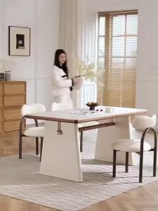[Free Delivery] Creamy Style Dining Table Ash Wood Dining Table Set Marble Dining Table  Dining Set