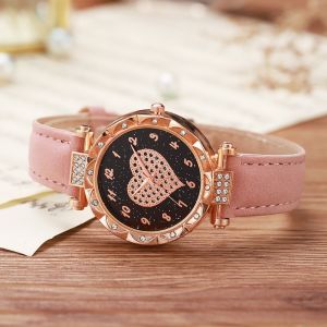 CASUALTY FASTEN20EN6 Heart Rhinestone Quartz Wristwatches Leather Strap Casual Electronic Watch Simple Wrist Watches Women