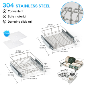 2PCS Pull Out Basket Stainless Dish Rack Pull Out Tray Plate Drawer Cabinet for Kitchen