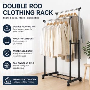 Shanshop Double Pole Telescopic Clothes Rack Stainless Steel Adjustable Clothes Hanger