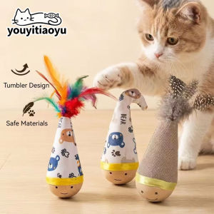 YOUYITIAOYU Tumbler Cat Toy with Colorful Feather Bite-Resistant Self-Happy Natural Beech Kitten Toy Indoor Play