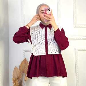 Kemeja Polo Linen Motif Etnik Mix Rayon Brokat - Atasan Muslimah Wanita