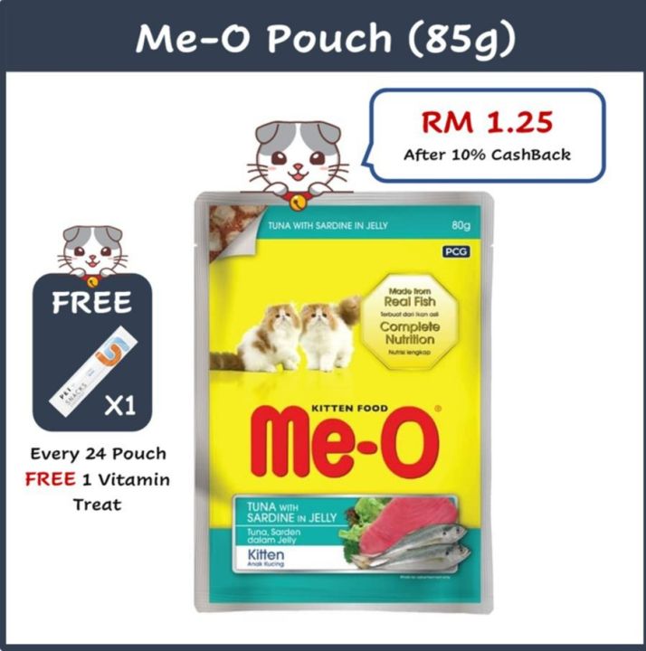 GUN PET MEO Pouch Me-O Makanan Basah Kucing MEO Cat Wet Food ME O Makanan Kucing Murah 猫咪湿粮食物 85g