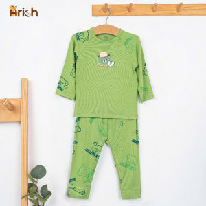Bộ dài tay cài chéo hoạ tiết phối hình Arich vải sợi tre cho bé trai bé gái từ 9tháng-6 tuổi