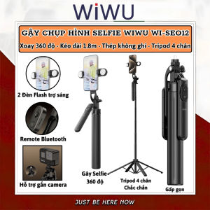 Gậy chụp ảnh selfie tự sướng kiêm tripod 4 chân kèm Flash trợ sáng hiệu WIWU Wi-SEO12 xoay 360 độ remote control bluetooth chụp hình từ xa gập gọn quay hình video selfie livestream cho iPhone 16 15 14 13 Oppo Vivo Huawei