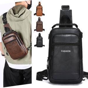 LANGJ ผ้าสีพื้น กระเป๋าคาดหน้าอกผู้ชาย กระเป๋าหลายช่อง หนัง PU กระเป๋าสะพายข้าง แฟชั่น สายรัดปรับได้ กระเป๋าสะพายข้างชาย ชาย