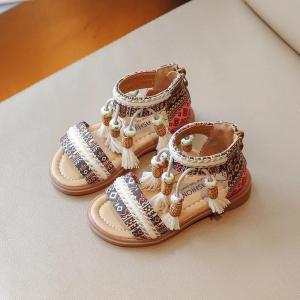 SHUNAICHI Bohemian Fringe Sandals for Girls Retro Ethnic Style Summer Shoes Geometric Yarn Dyed Pattern Ancient Tradition Shoe Kids G04071
