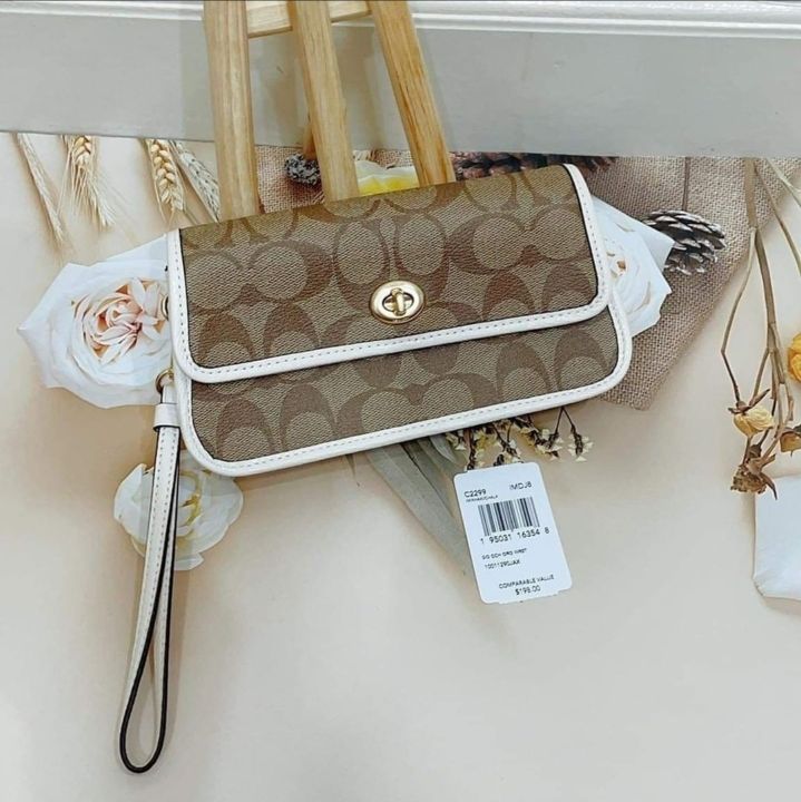 Original C2299 Coach Wristlet In Signature Canvas Khaki Chalk Lazada PH