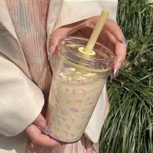 Undineu แก้วน้ำพกพา ปลอดภัย[พร้อมหลอด+ฝา] แก้วกาแฟ 450 ml พิมพ์ลายนูน แก้วเก็บความเย็น สไตล์เกาหลี น่ารัก