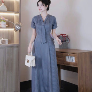 Đầm váy thiết kế đầm công sở thời trang đầm dự tiệc dáng dài phối cà vạt Đũi sọc tay ngắn có túi