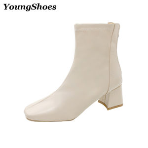 YoungShoes รองเท้าบู๊ทสั้นแฟชั่นสไตล์อังกฤษสำหรับผู้หญิง ส้นหนา PU คุณภาพสูง ดีไซน์ซิปหัวเหลี่ยม สูง 6 ซม