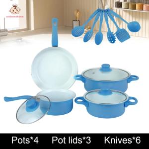Welcomehome 12Pcs Non Stick Cookware Set Deep Frying Pan with Lid Milk Pot Maifan Stone Frying Pan Stackable Pot Set for All Hob