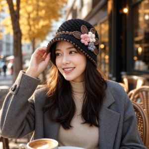 WATER Warm Knitted Bucket Hat Windproof Plush Yarn Cloche Hat Vintage Foldable Floral Crochet Hat Autumn