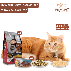 PetMarra Raw Chunks Recipe Cat Kitten Wild Game 1kg +  Choice Cuts Can Tuna Salmon 85g BUNDLE