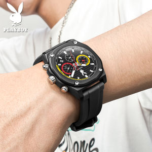 PLAYBOY Mens Watch Womens Watch Waterproof Quartz Movement Chronograph Silicone Strap Luminous Calendar Sports Style