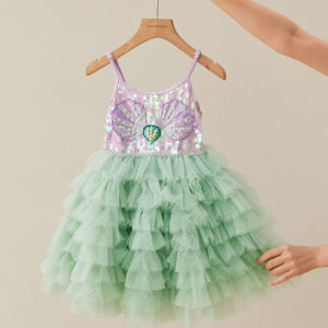 11.11 Ocean Princess Tutu Gown Sparkly Sequin Shell Decor Sleeveless Spaghetti Strap Design Ruffle Green Tulle Skirt for Costume Show h2610