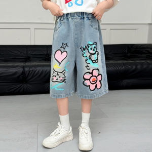Kids Girls 2026 Summer Girls Denim Shorts for Older Children Loose Casual Printed Mid-length Pants