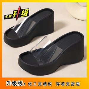 [Free Shipping] Transparent High Heels Height-Increasing For Petite Women Thick-Soled Slip-On Sandals 2026 Summer New Collection Wedge Heel Black Sandals