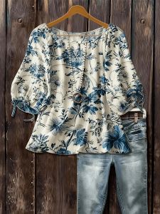plus Size Elegant Fashion Floral Print Shirt Pit Stripe Fabric Womens plus Size Shirt Stylish And Sophisticated2026