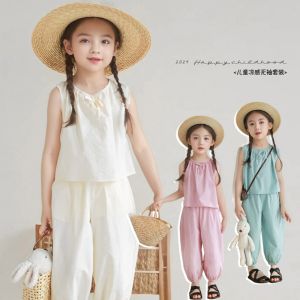 ชุดเด็กผู้หญิงที่บ้านเสื้อกั๊กเด็กเสื้อชั้นในกางเกงขายาวฤดูร้อนชุดนอนลำลองแขนกุดสำหรับเด็กเครื่องปรับอากาศ