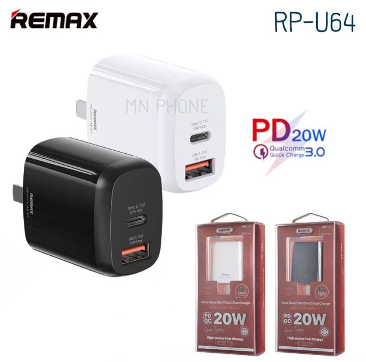 Remax RP-U64 Adapter หัวชาร์จเร็วสำหรับi12 1USB+Type-C กระแสไฟ 3A (20W ...