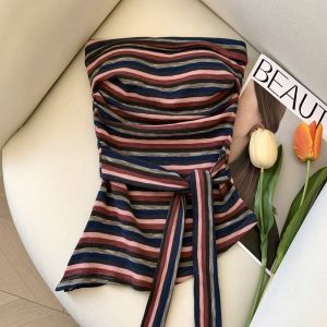 Áo quây sọc cổ điển dành cho nữ thiết kế mùa hè mới viền không đều eo ôm không tay.