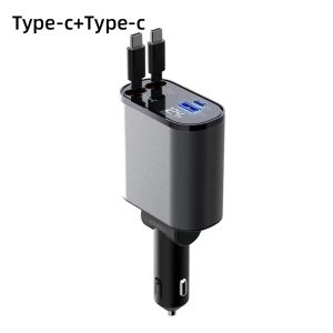 Digital display Type-c and Apple Lightning Car Charger with 86W Max Output and Stretchable Cable