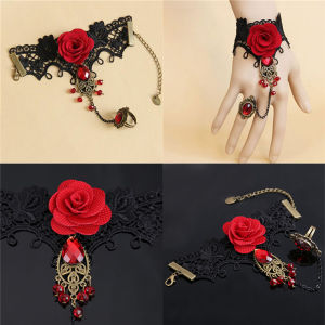 [Walker Lily] COD กำไลข้อมือสีแดงกุหลาบลูกไม้สไตล์กอธิคพร้อมแหวนสวมนิ้วปรับได้