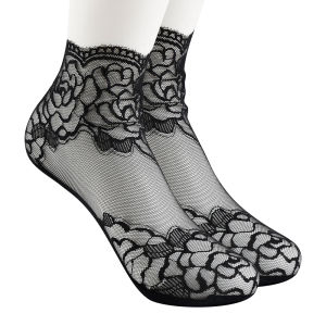 [Lady Sugar] 2 Pairs/Set Lace Invisible Socks for Women Soft Solid Color Pure Cotton Rose Carving Silk Stockings Lace Boat Socks Hollow Non-slip Shallow Socks