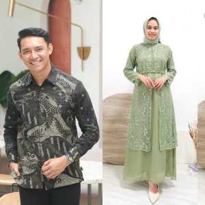 JUWITA Couple Kondangan Lamaran Seragam Keluarga bridesmaid Baju Muslim Pasangan Kemeja batik pria kombinasi Dress Brokat Outer Modern