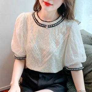 Fashion Bubble Sleeve Shirt Female 2022 Summer New Lace Design Short-sleeved Korean Shirt Women Clothing