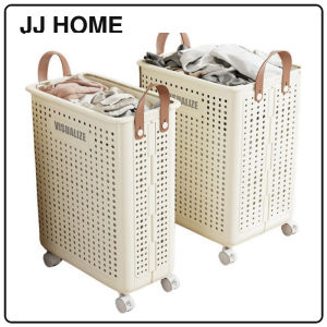 【JJ HOME】Foldable Laundry Basket With Leather Handles and Wheels Clothes Storage Bag Books Home Storage Box