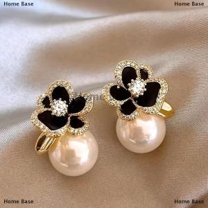 [COD] Home Base Temperament Elegant Black Camellia Stud Earrings For Women Girls Fashion Zircon Flowers Earrings Jewelry Accessories Gifts