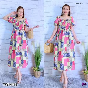 TW14113 แม็กซีเดรส ผูกโบว์อก ยางยืด+ผูกโบว์หน้าอก