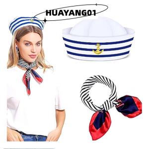 HUAYANG01 [HOT FASHION] ชุดหมวกกะลาสีผ้าพันคอสี่เหลี่ยมผืนเล็กสำหรับผู้หญิงผ้าพันคอซาตินลายทางสำหรับพนักงานต้อนรับบนเครื่องบินลายคริสต์มาส