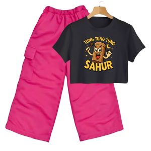 Setelan Anak Perempuan Usia 3-10 Tahun Kaos Crop Top Dan Celana Kargo Gambar TUNGTUNG SAHUR VIRAL