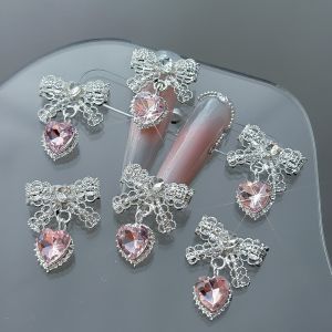 PLNBFG 5Pcs Alloy Materia Nail Charms Rhinestonesl Shiny Silver Nail Rhinestones Cute Lace Bow Metal Bow Pendant Nail Art