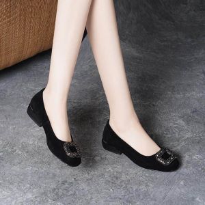 Free Shipping Zhouquan Fangfang Shoe Store: WomenS Sheepskin Shoes Chunky Heel Flats Spring/Autumn Low-Cut Soft-Soled Round-Toe Rhinestone Genuine Leather Work Shoes