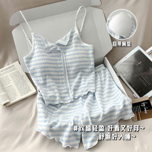 ชุดนอนสดใสขนาดเล็กแผ่นรองหน้าอกลายทางสีน้ำเงินและสีขาวร้อนจัดสำหรับผู้หญิงใส่ในฤดูร้อนชุดนอนแบบผ้าบางหวานๆสามารถใส่ด้านนอกได้