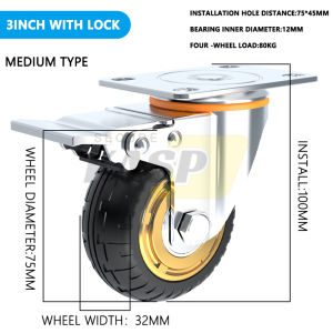 3/4/5/6/8 Inch Swivel Strap Lock Caster Wheels Heavy Duty Black Noise Reduction Wear Resistance Rubber Casters