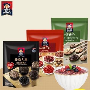 【In Stock】桂格五黑即食燕麦片无蔗糖袋装 Quaker five black mixed instant oatmeal black sesame paste nutritious breakfast brewed meal replacement no sucrose