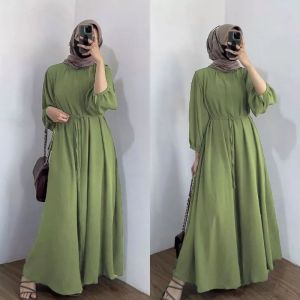 Gamis Crinkle Airflow Modern Long Dress Wanita - Hitam/Burgundy/Black/Putih/Mint XS-XL