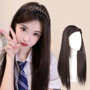 50cm Synthetic Twist Braid Hair Hoop Long Straight Wig Womens U-shaped Half Headband Wig