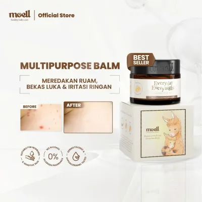 Moell - Paket Lengkap Skincare Bayi & Anak Hair Lotion 100ml & Multipurpose Balm 30gr & Physical Sunscreen 30gr & Body Lotion 185gr & Body Wash 185gr & Shampoo 185gr & Calming Rub Cream 50gr & Face Cream 40gr - Diformulasikan Oleh Dokter Kulit & Anak