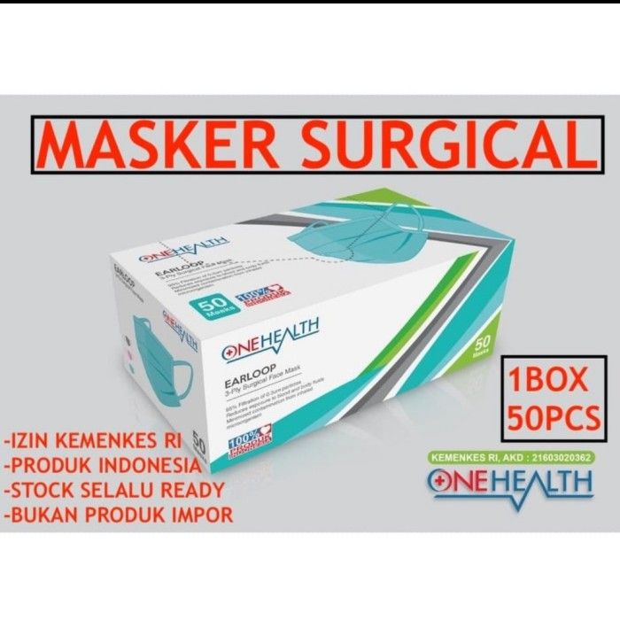 MASKER SURGICAL 3PLY ONE HEALTH 1BOX ISI 50PCS face mask masker medis