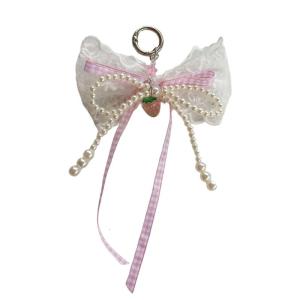 Delicate Pearls and Lace Bowknot Bag Ornament With Gingham Pattern Portable Accessory for Daily Commutes or Dates