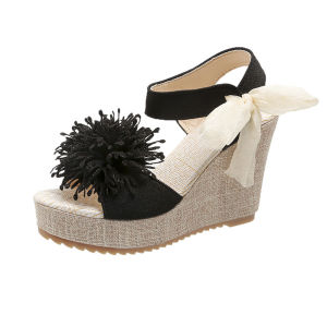 [Free Shipping] Plus-Size Womens Sandals New Summer Styles Floral-Patterned Sandals Wedge-Heeled Thick-Soled Womens Shoes Ribbon-Adorned Open-Toe Sandals for Outdoor Wear.